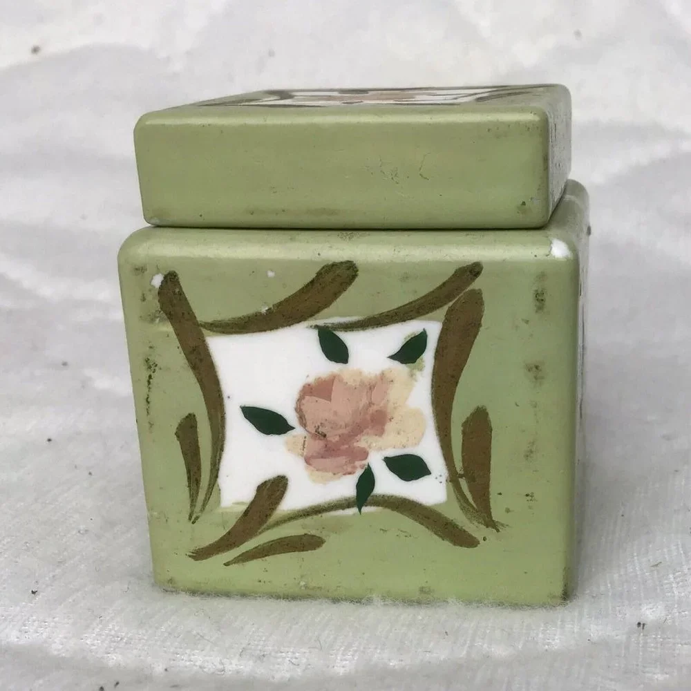 Vintage ELFINWARE Set Of 4 Hand-Painted Porcelain TRINKET BOXES Green With Rose